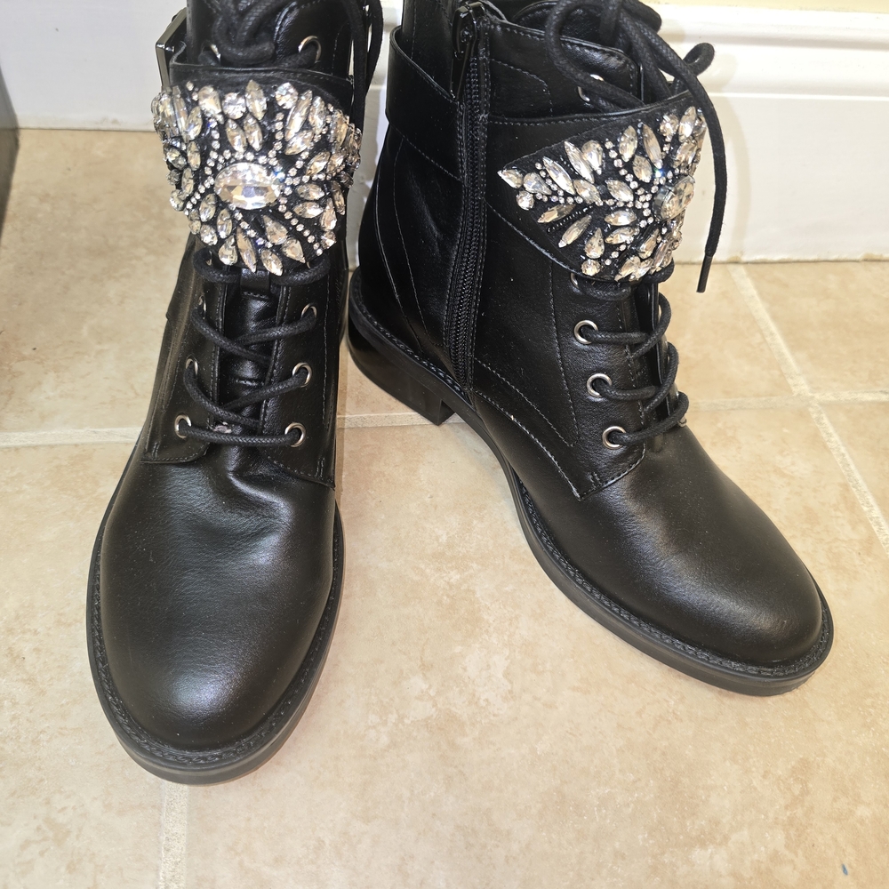 Nine West Rhinestone  Embellished Ankle Black Boot Size 7 M